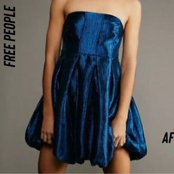 FREE PEOPLE KRISTA STRAPLESS SHIMMERING BLUE SEAS MINI DRESS NWT NEW LARGE - Picture 14 of 14
